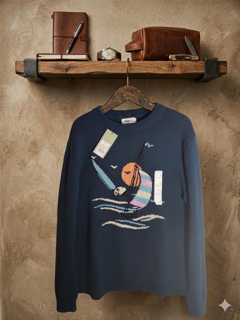 Men's Navy Crewneck Sweater with Colorful Sailboat Graphic